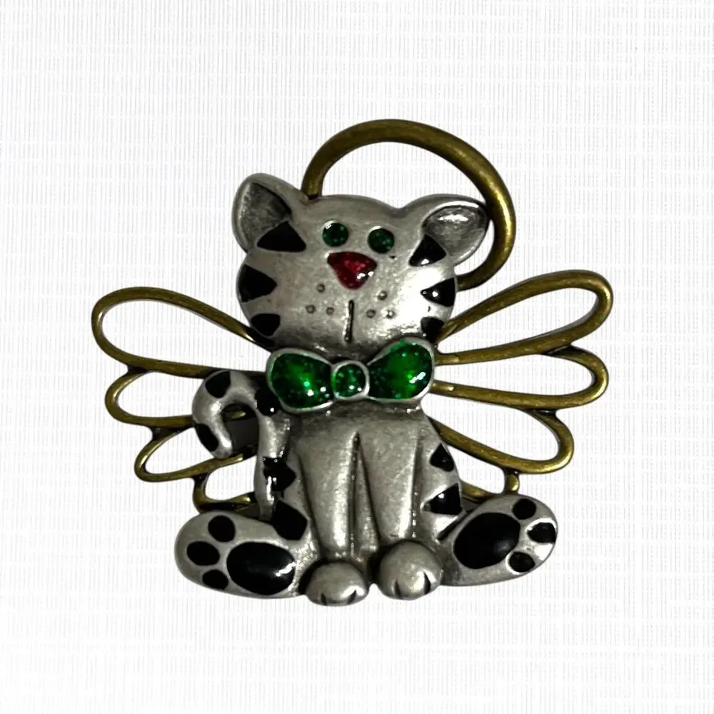 Vtg Kitten Angel Pin Brooch Green Bow Crazy Cat Lady Christmas Tabby Kitschy